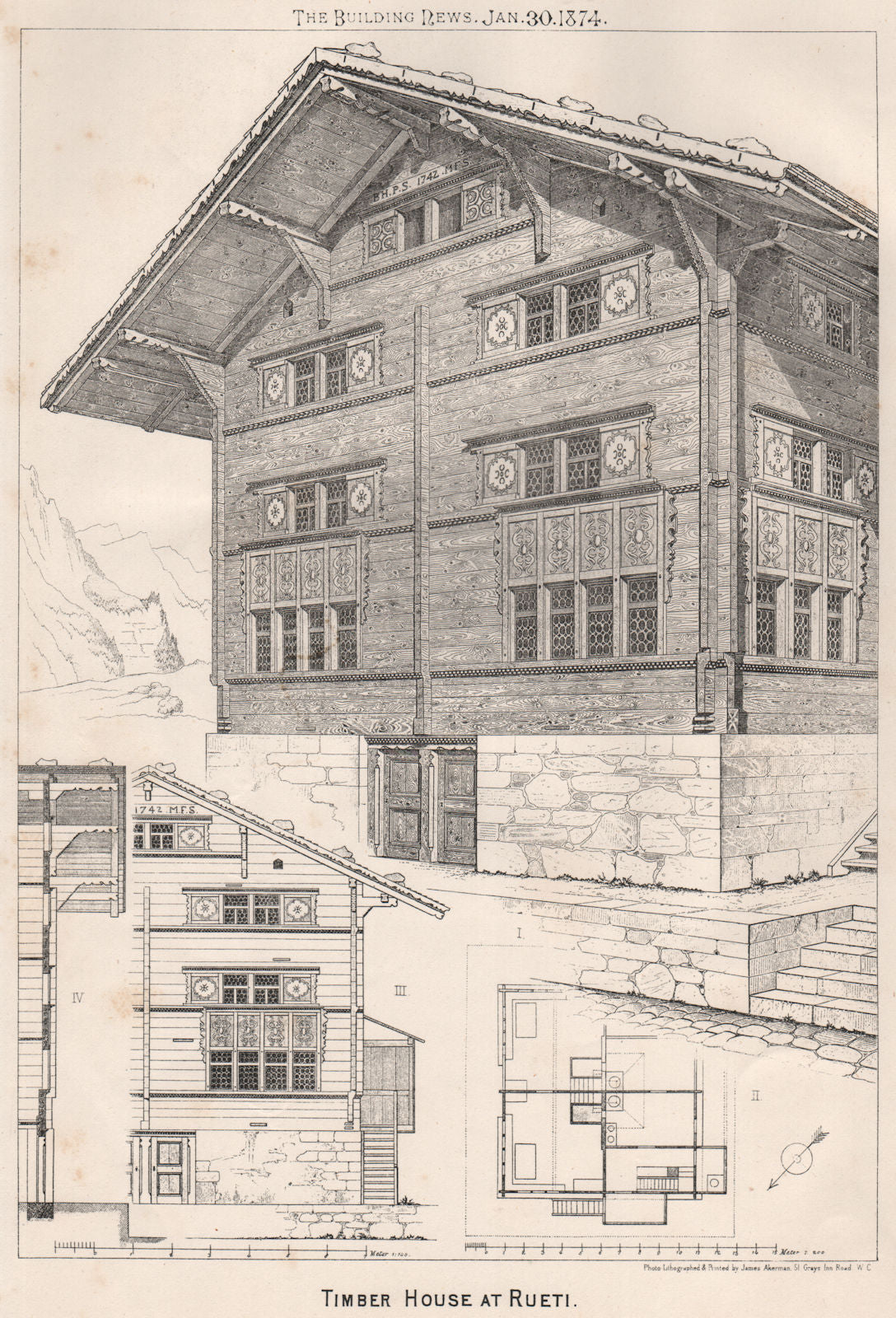 Timber House at Rueti. Zurich 1874 old antique vintage print picture